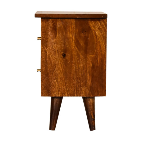 Chestnut nightstand in solid wood, side view, with two drawers and metal pulls