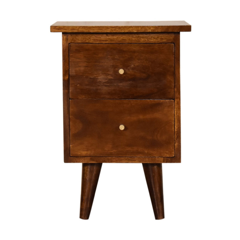 Chestnut solid wood nightstand with two drawers, each with round metal pull