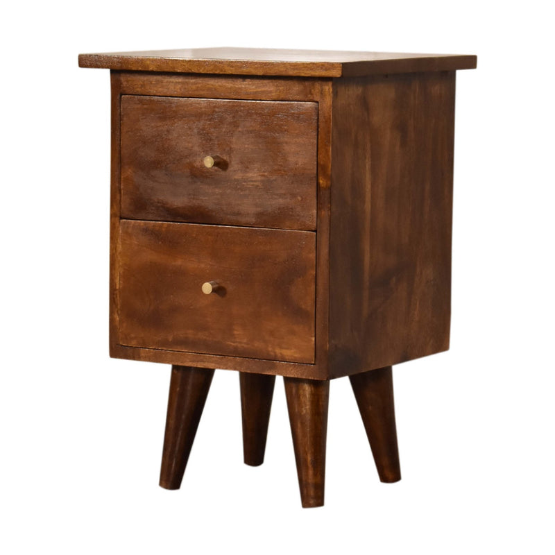 Chestnut solid wood nightstand, front view, two drawers with round metal pulls
