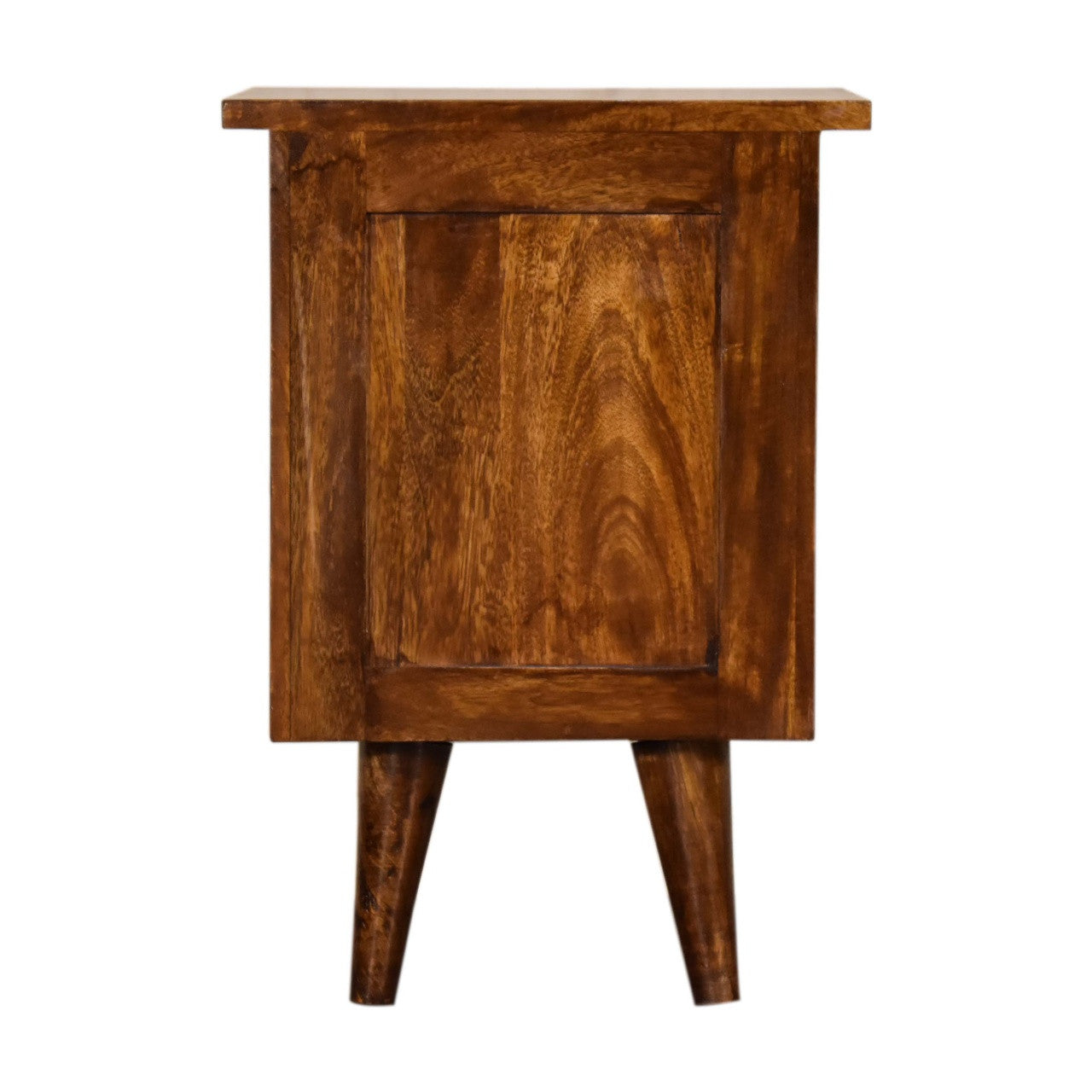 Chestnut solid wood nightstand with flat back panel and two-drawer frame