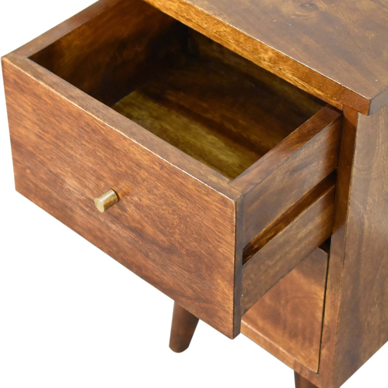 Chestnut nightstand drawer open, showing empty interior and brass pull