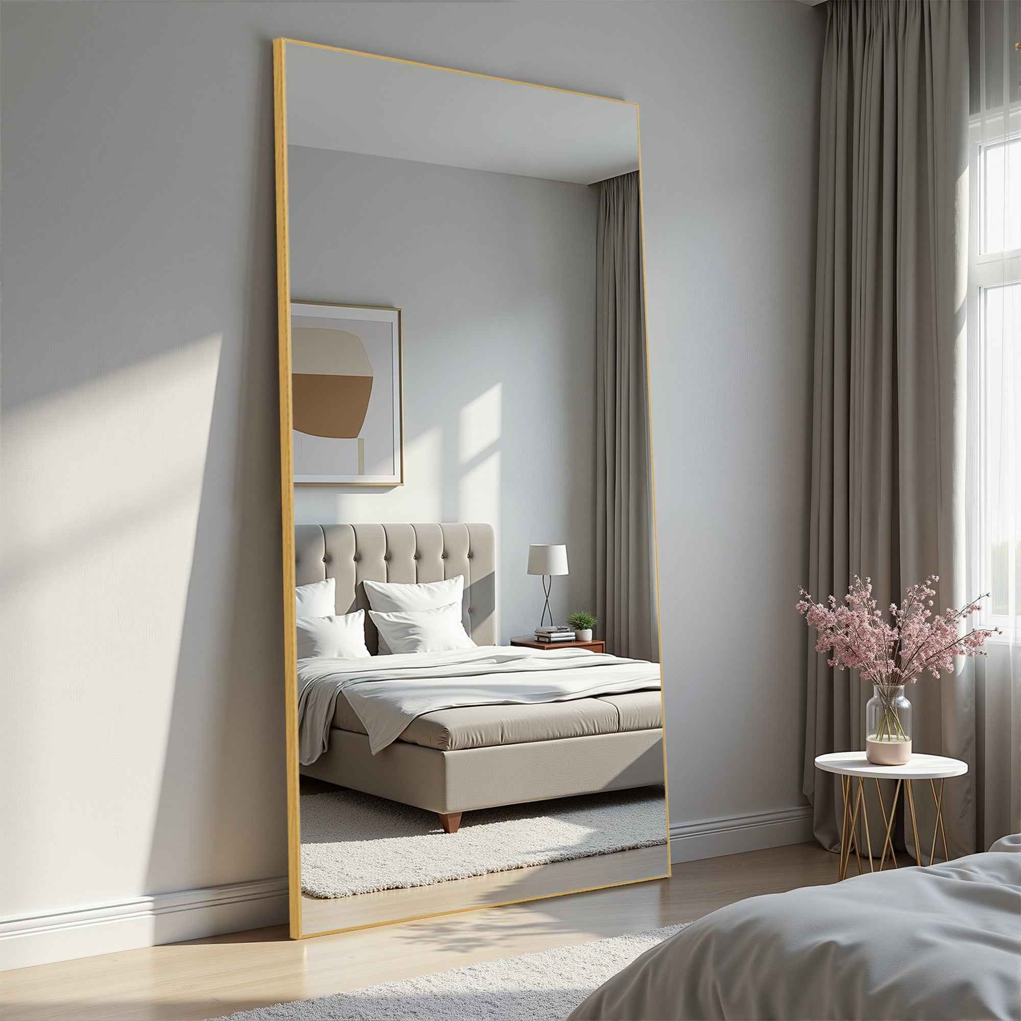 Gold Aluminum Freestanding Ornate Framed Accent Mirror