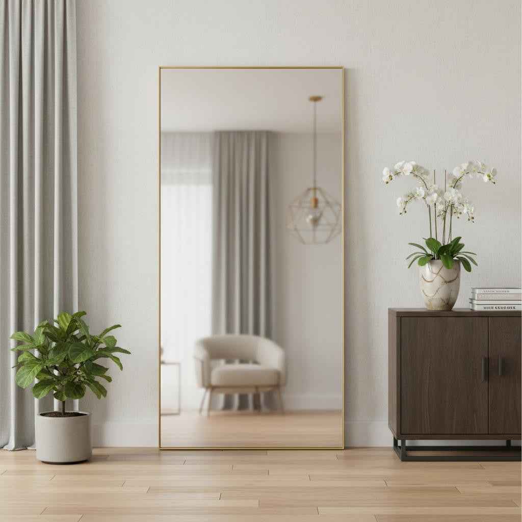 Gold Aluminum Freestanding Ornate Framed Accent Mirror