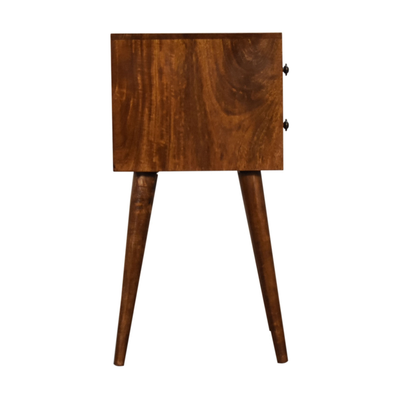 Chestnut solid wood nightstand with two drawers and tapered legs