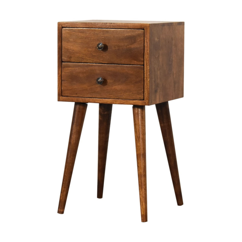 Chestnut two-drawer nightstand with round metal knobs and tapered legs, side view