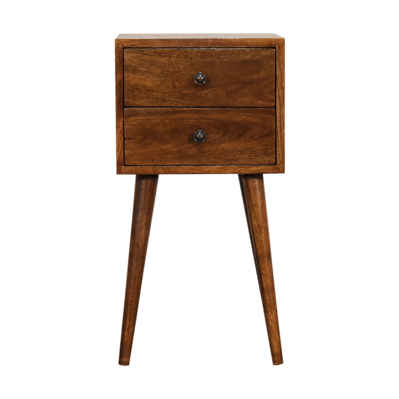 Chestnut two-drawer nightstand with round metal knobs and tapered legs, front view