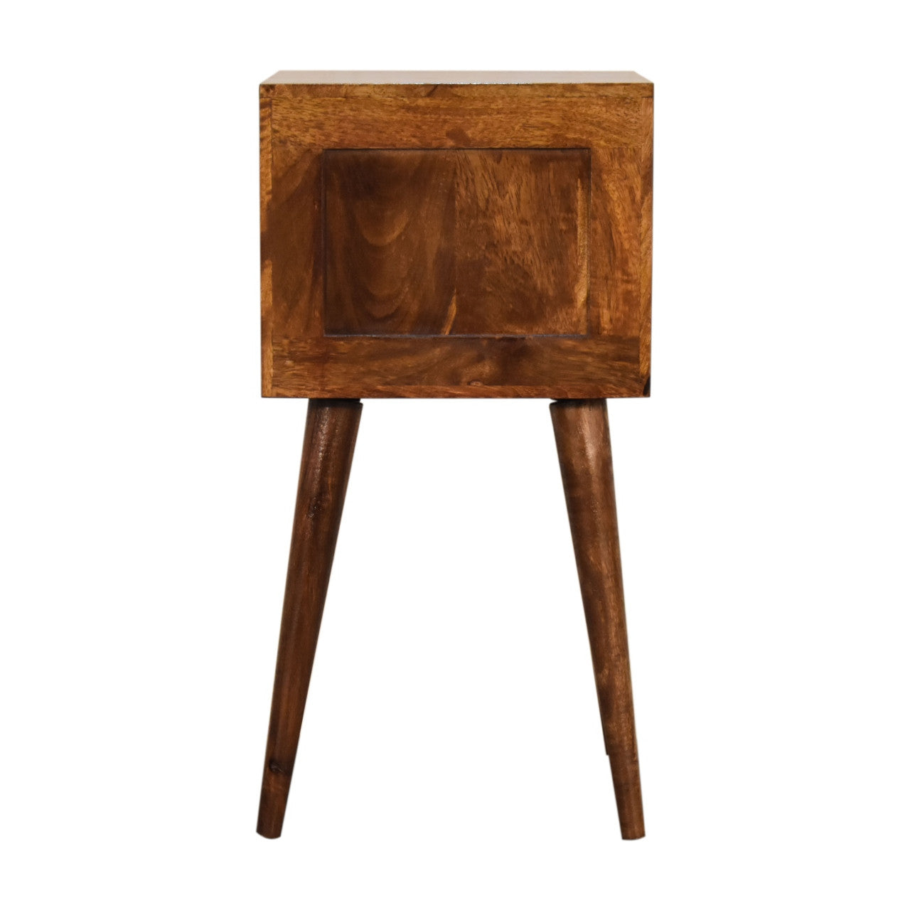 Chestnut solid wood nightstand rear panel with two drawers and tapered legs