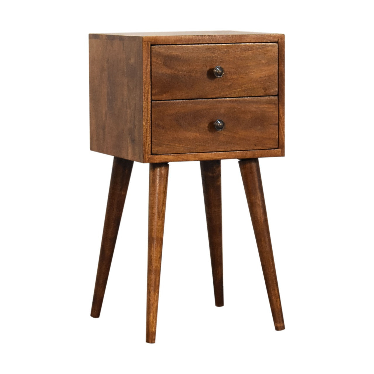 Chestnut solid wood nightstand with two drawers and round metal knobs, front view