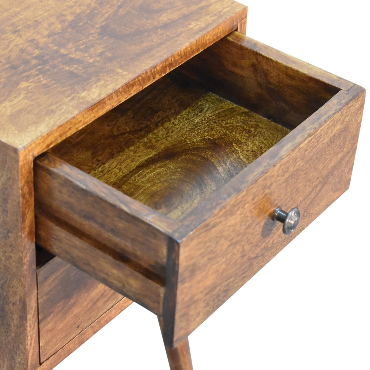 Chestnut open drawer interior with metal knob on two-drawer nightstand