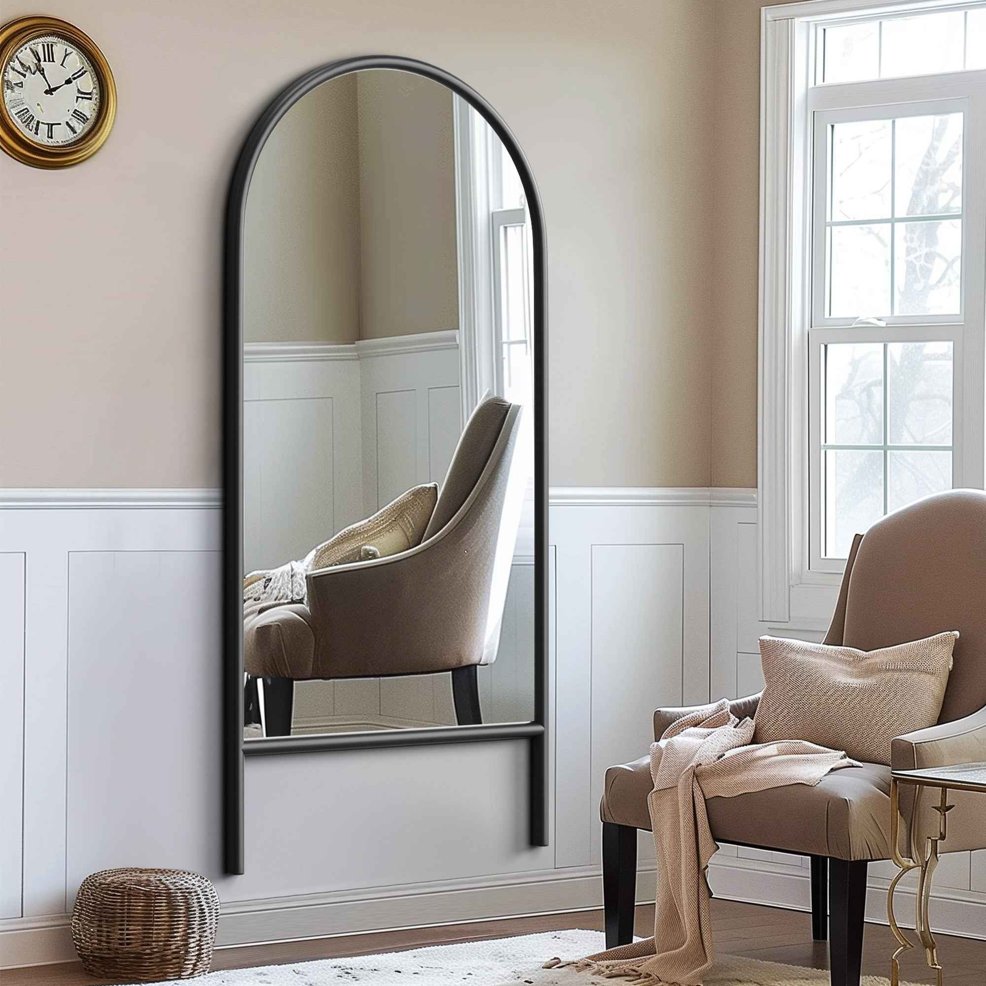 Black Wood Arch Freestanding Ornate Framed Accent Mirror
