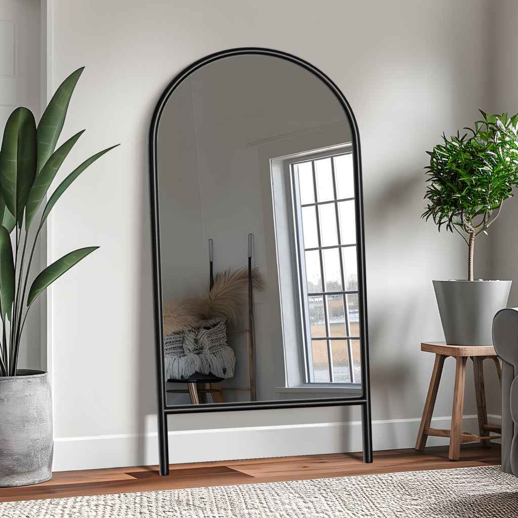 Black Wood Arch Freestanding Ornate Framed Accent Mirror