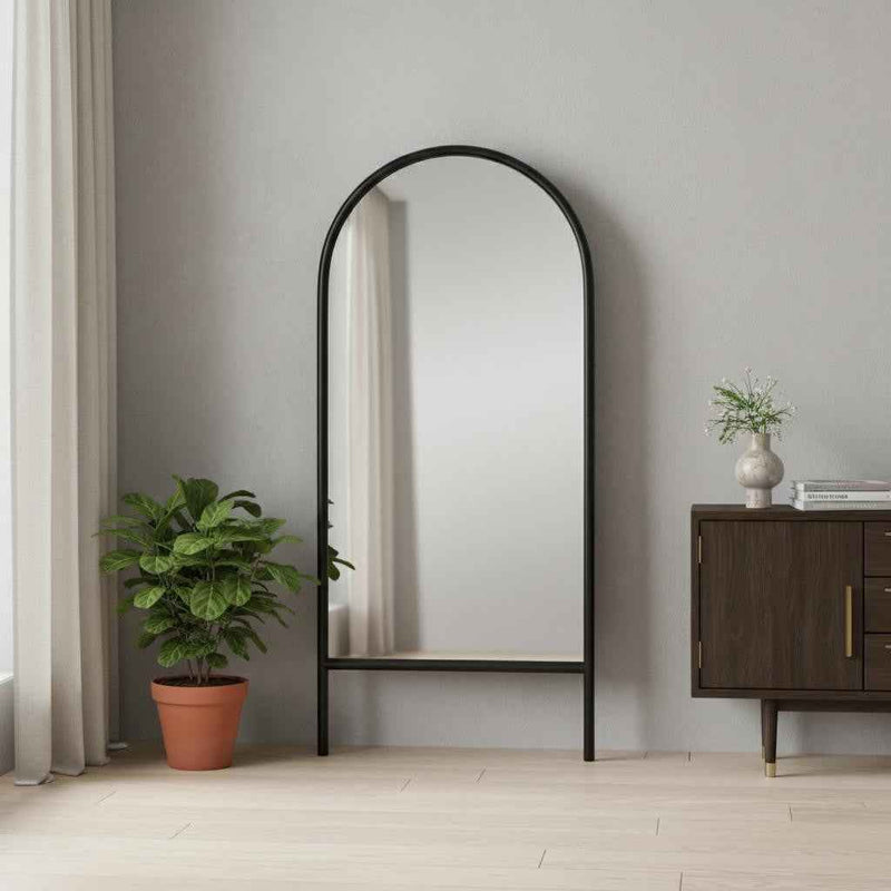 Black Wood Arch Freestanding Ornate Framed Accent Mirror