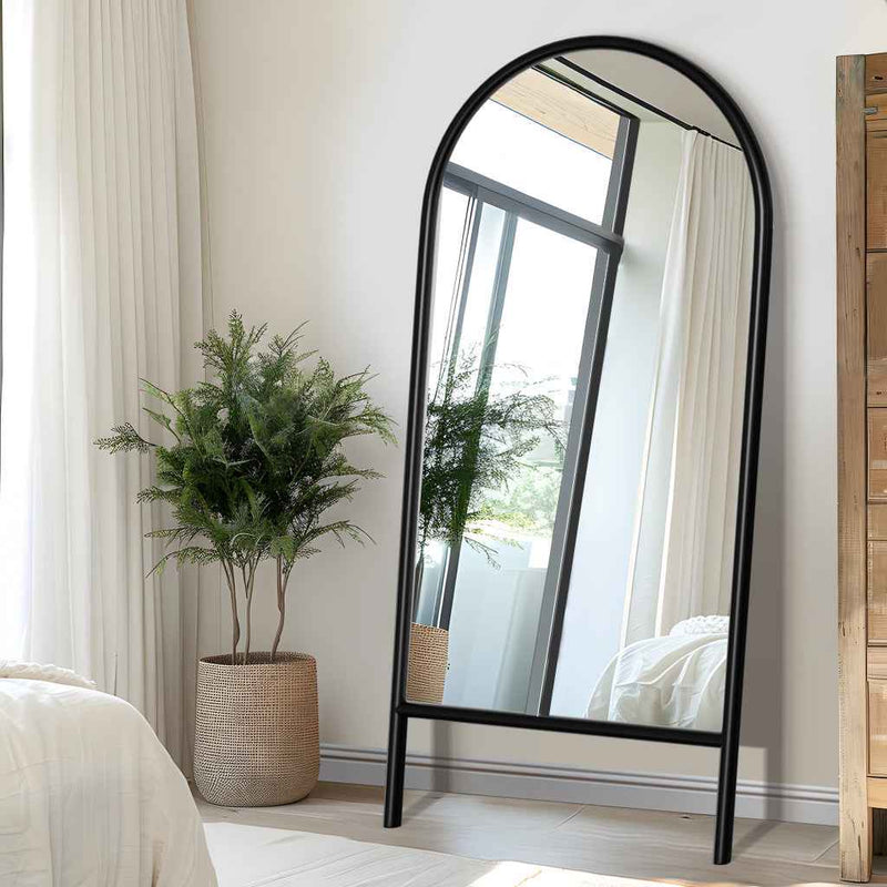 Black Wood Arch Freestanding Ornate Framed Accent Mirror