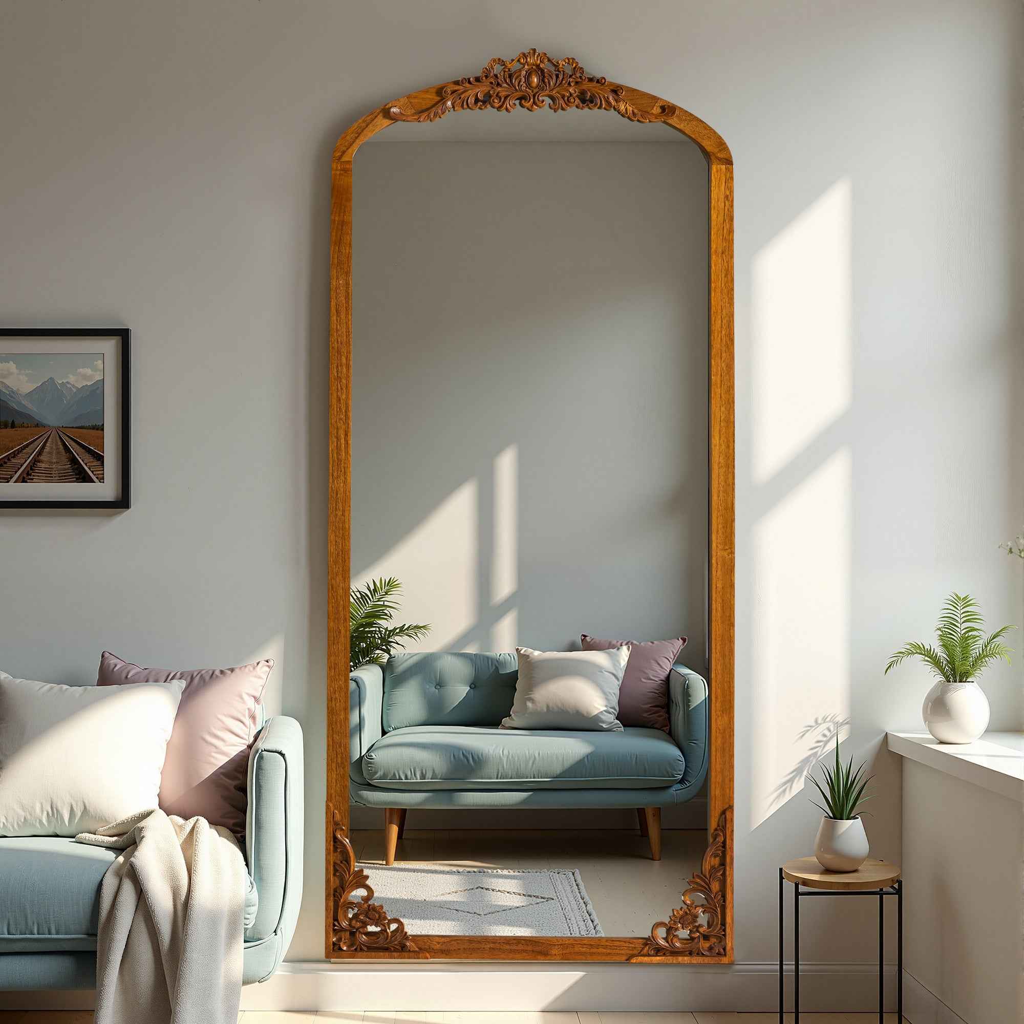 Gold Wood Arch Freestanding Ornate Framed Accent Mirror