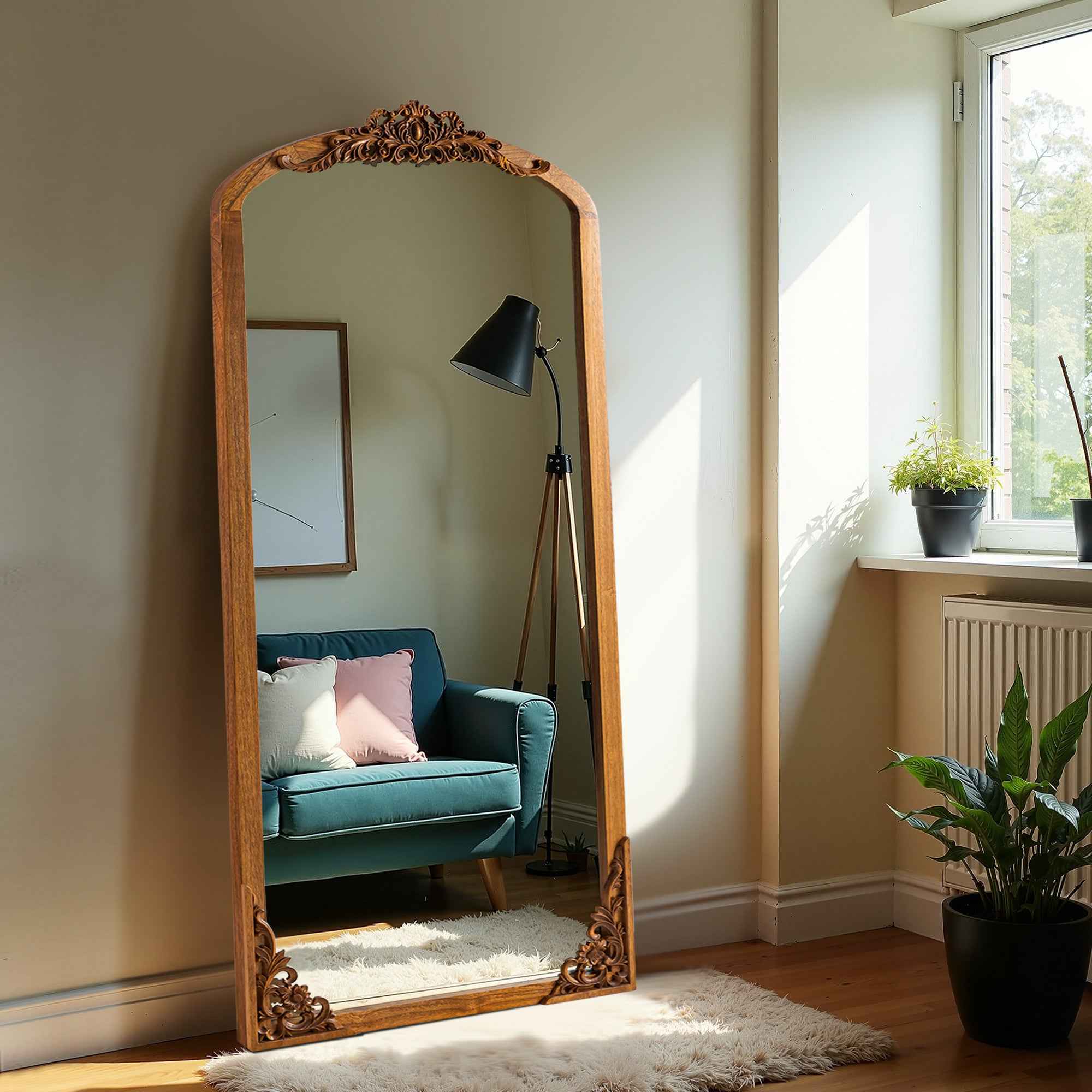 Gold Wood Arch Freestanding Ornate Framed Accent Mirror