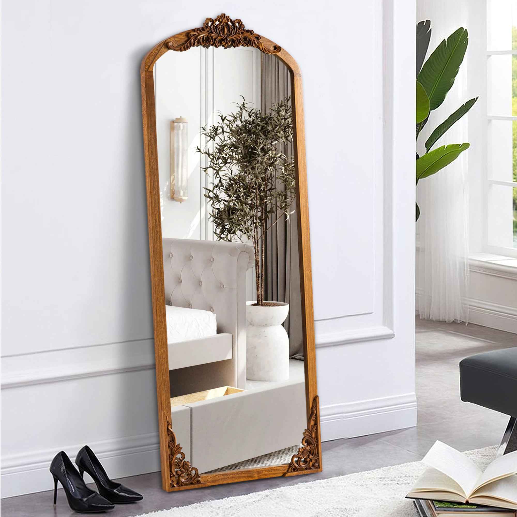 Gold Wood Arch Freestanding Ornate Framed Accent Mirror