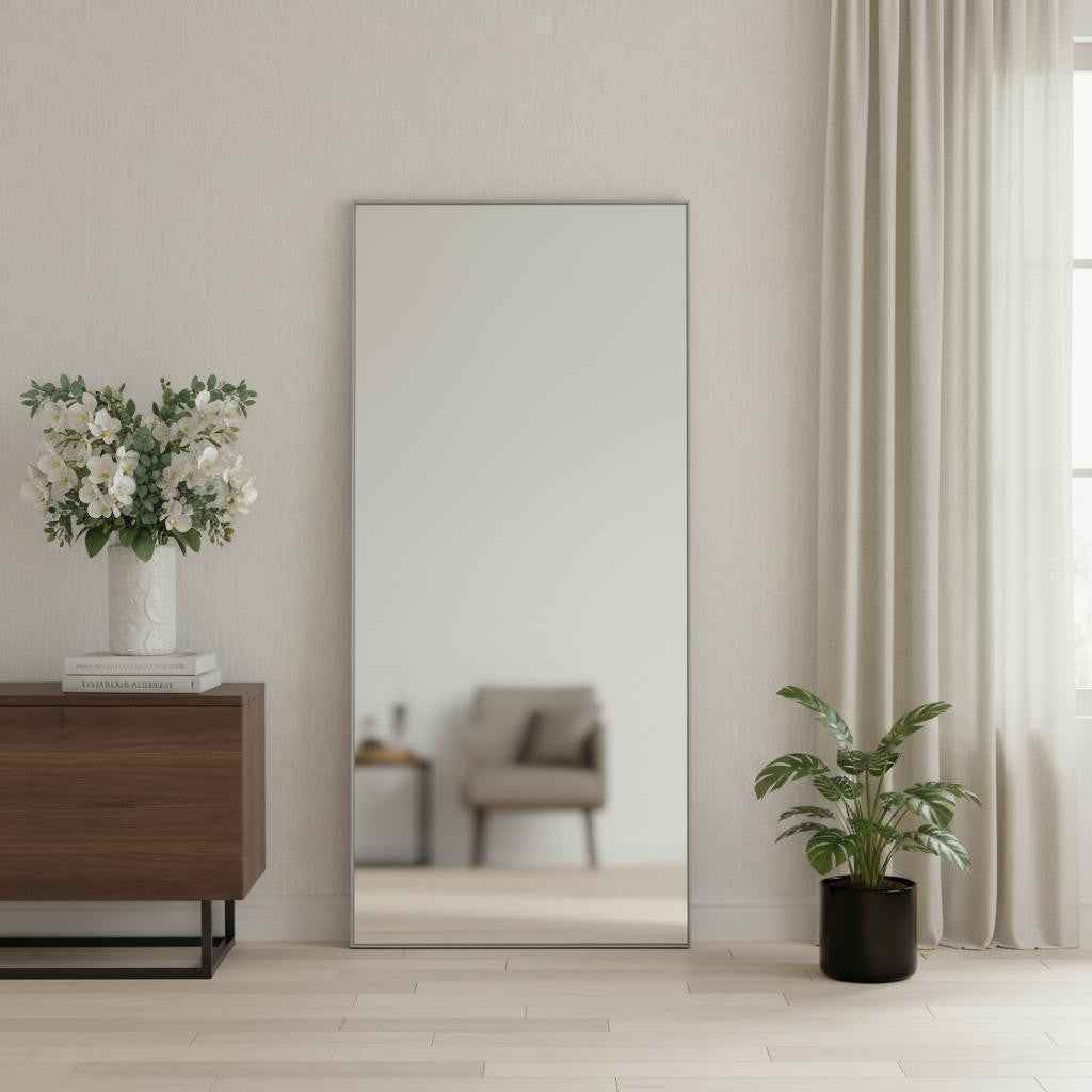 Silver Aluminum Freestanding Ornate Framed Accent Mirror