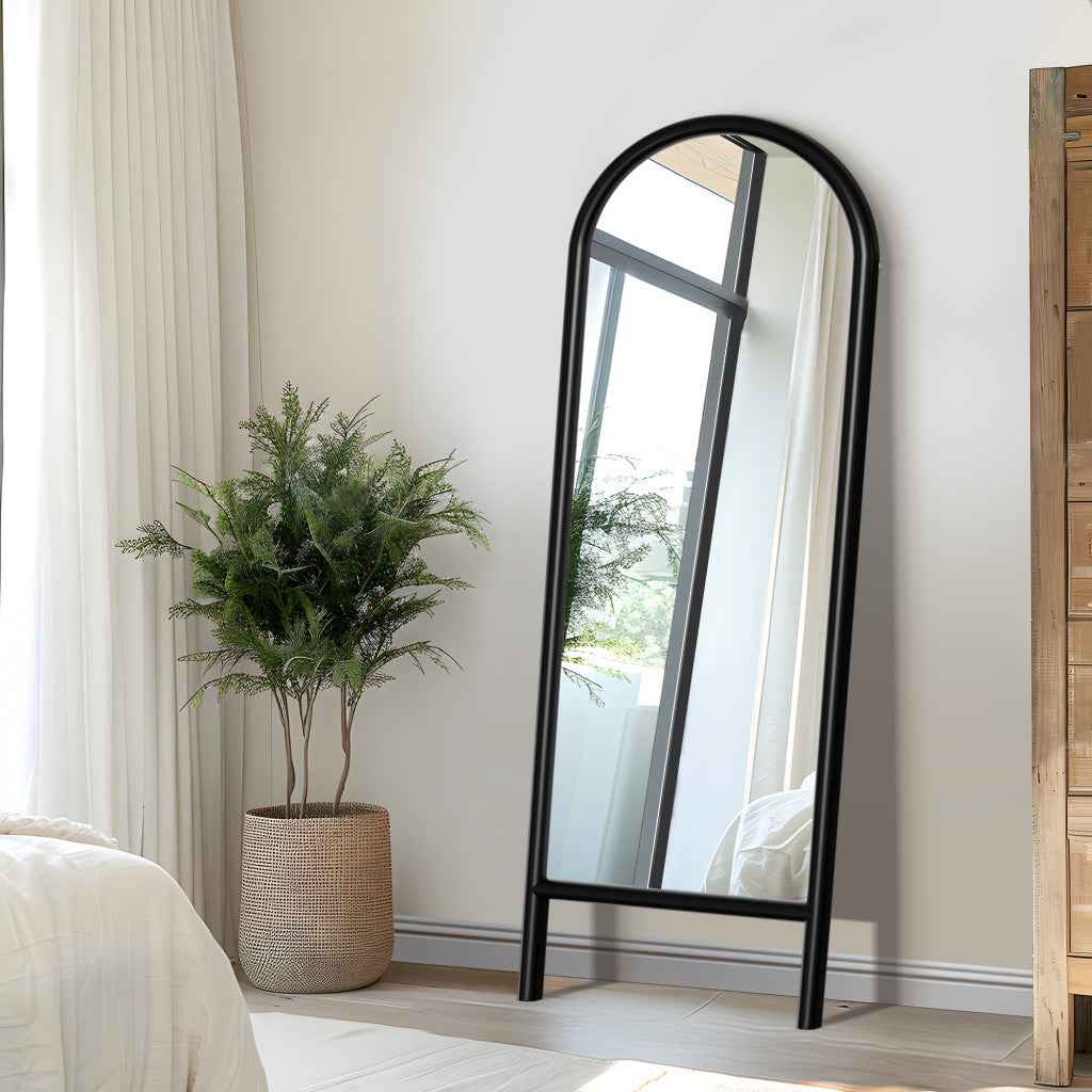 Black Wood Arch Freestanding Ornate Framed Accent Mirror