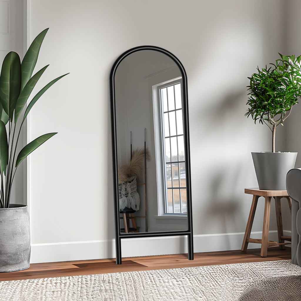 Black Wood Arch Freestanding Ornate Framed Accent Mirror