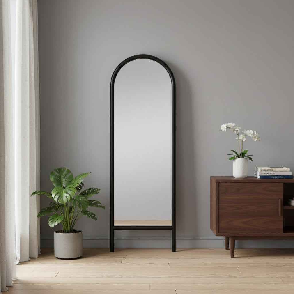 Black Wood Arch Freestanding Ornate Framed Accent Mirror