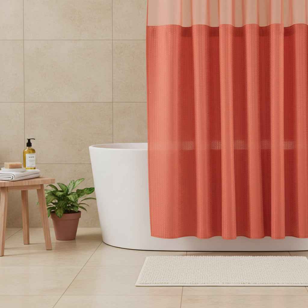 Coral Sheer and Grid Shower Curtain and Liner Set