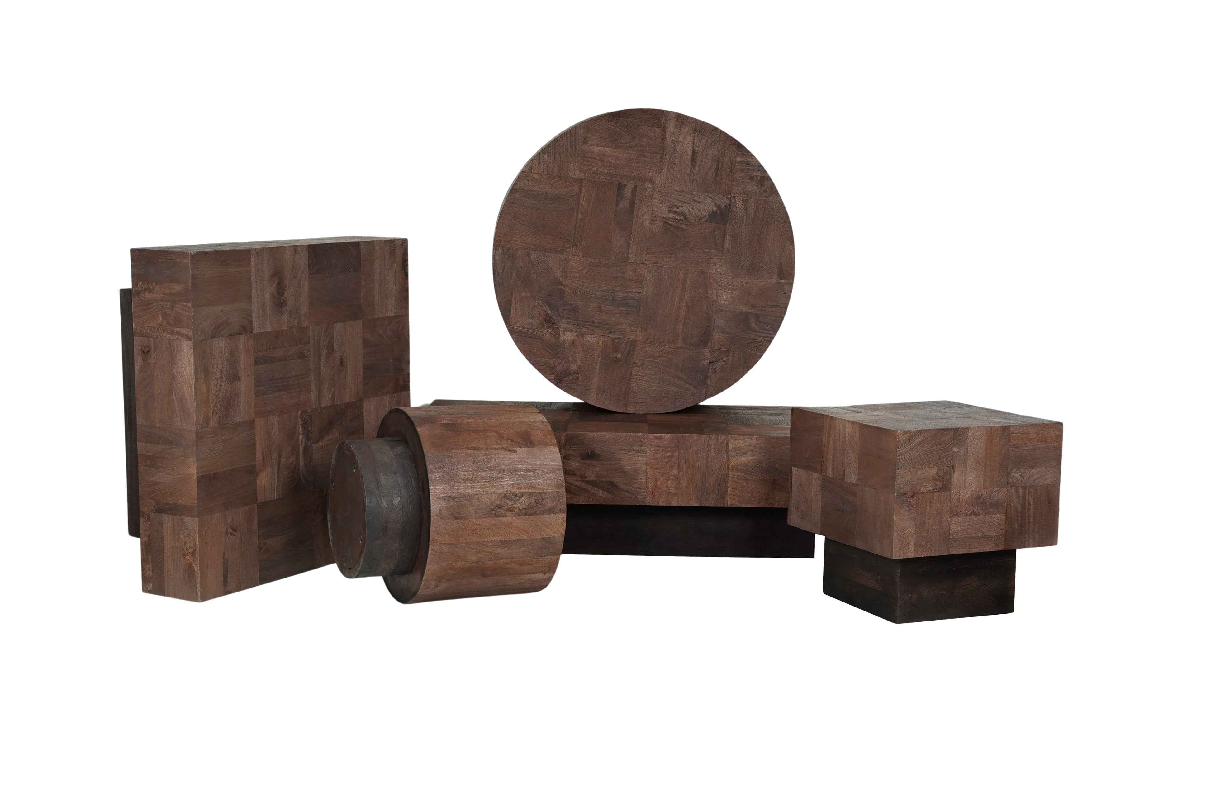 59" Dark Brown and Black Solid Wood Block Coffee Table