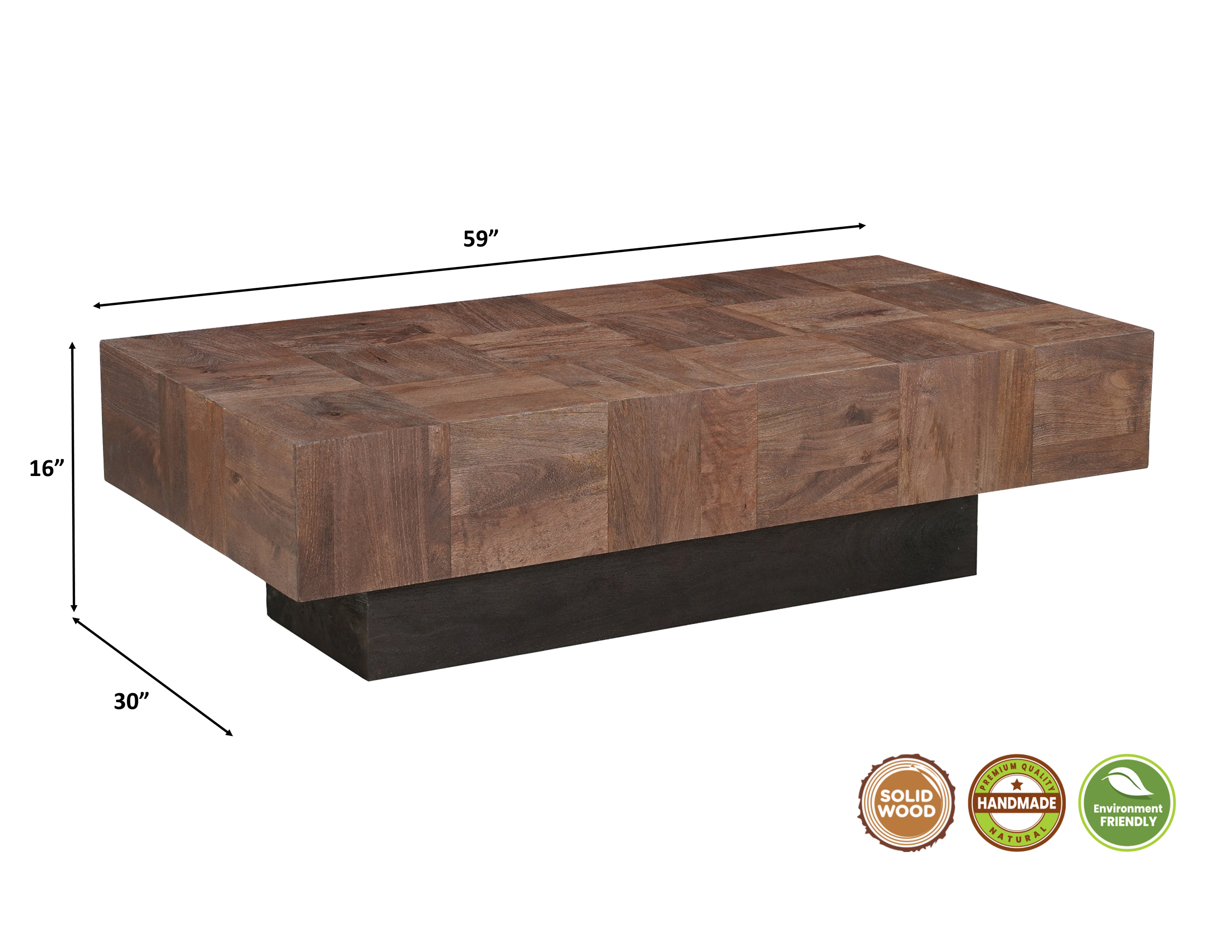 59" Dark Brown and Black Solid Wood Block Coffee Table