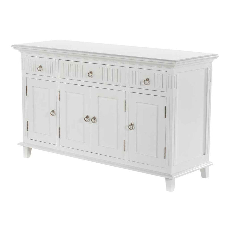 59" White Solid Wood Paneled Three Drawer Buffet Table with Four Doors