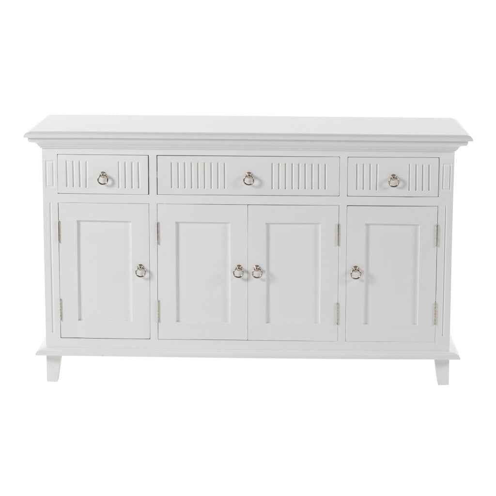 59" White Solid Wood Paneled Three Drawer Buffet Table with Four Doors