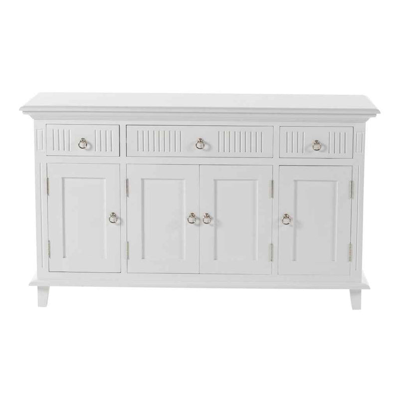 59" White Solid Wood Paneled Three Drawer Buffet Table with Four Doors