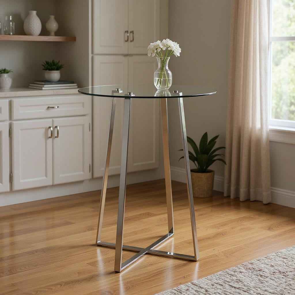 32" Clear and Silver Rounded Glass and Iron Bar Table