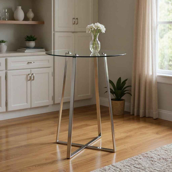 32" Clear and Silver Rounded Glass and Iron Bar Table