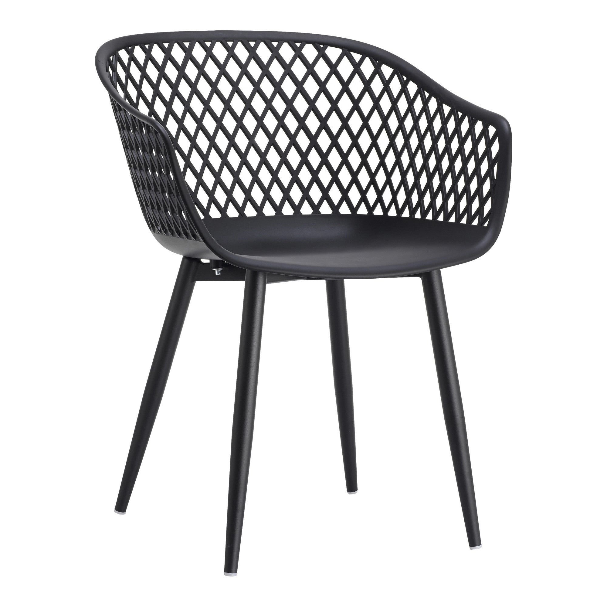 Black plastic outdoor stacking dining chair with lattice back and slim legs