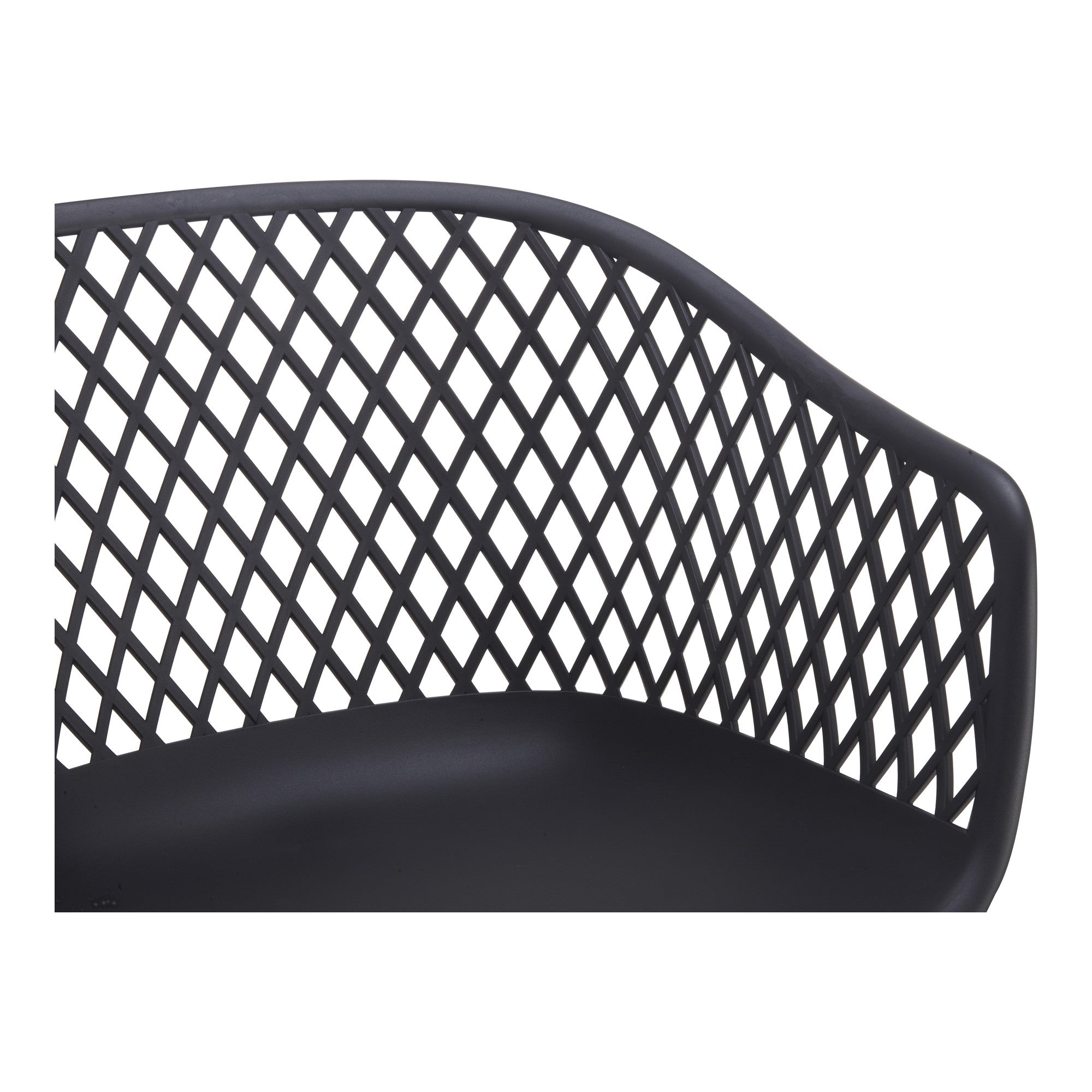 Close-up of black lattice back on a plastic outdoor stacking chair