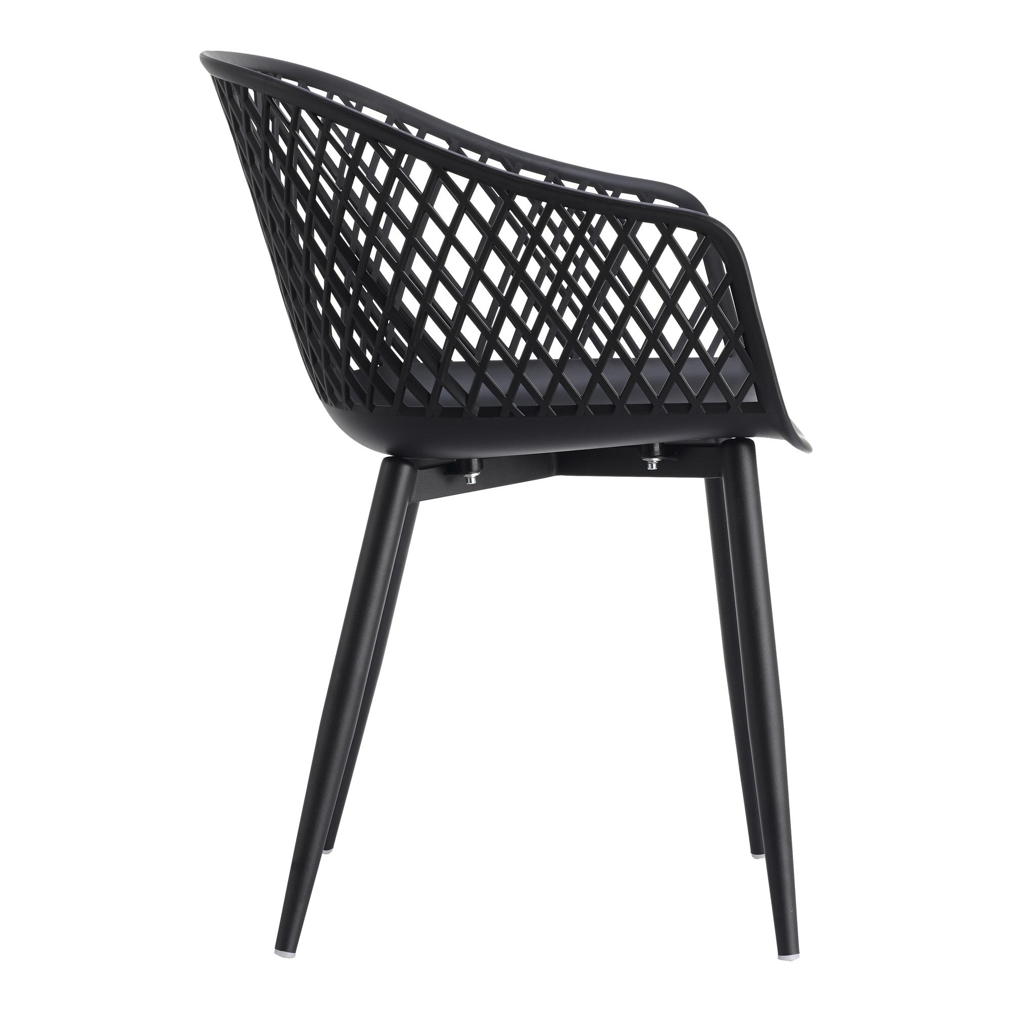 Black plastic outdoor stacking chair, angled view, lattice back and curved seat