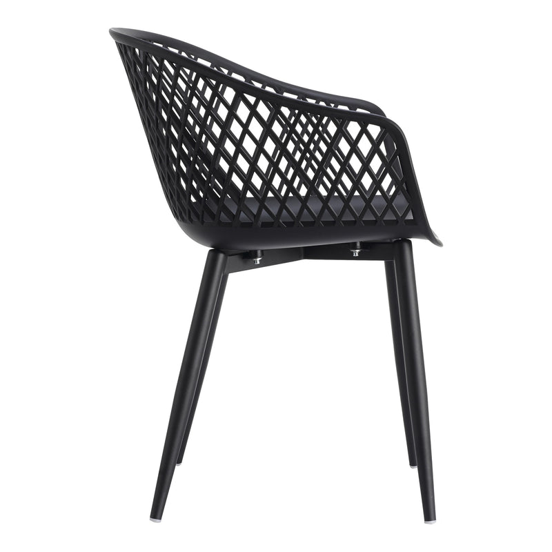 Black plastic outdoor stacking chair, angled view, lattice back and curved seat