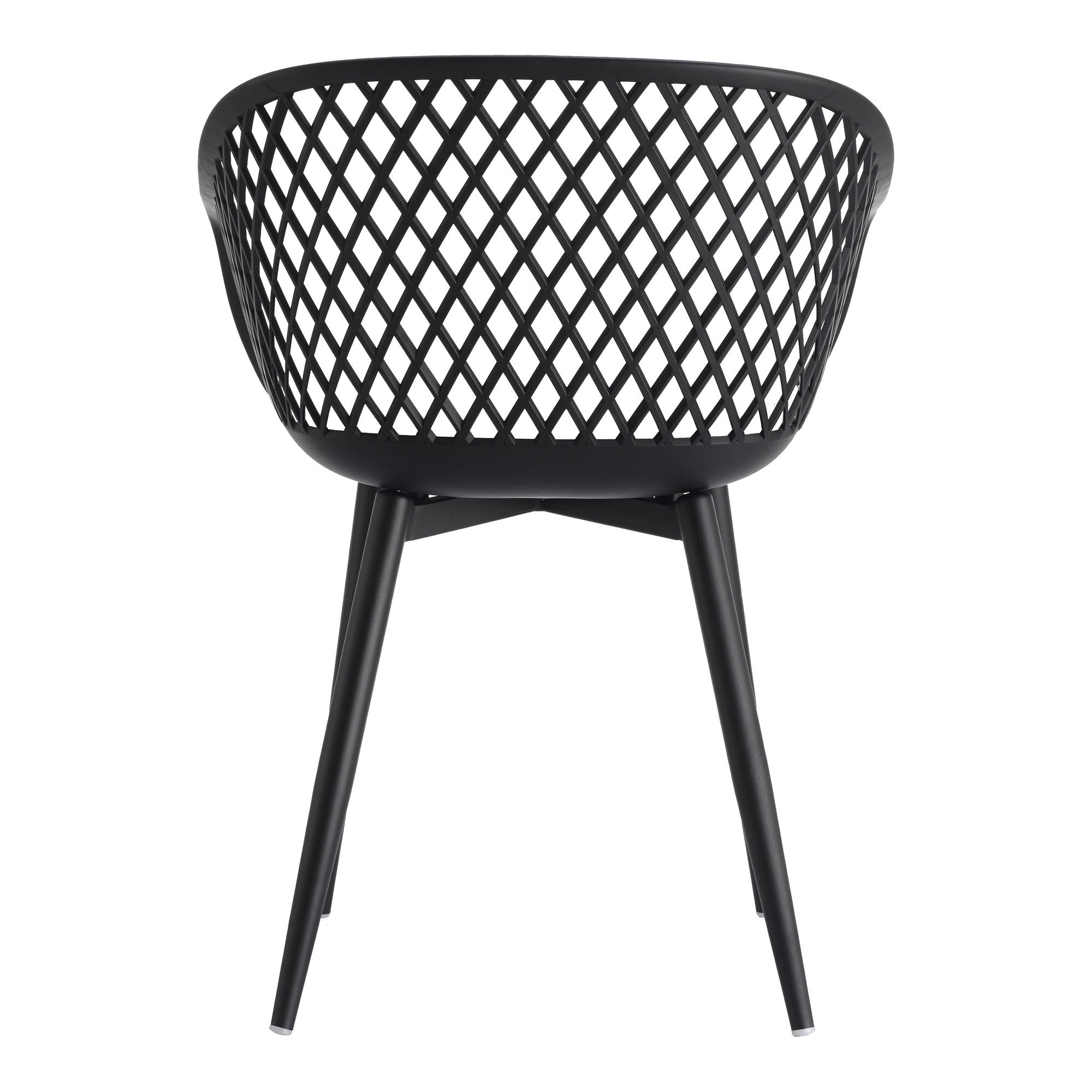 Black plastic outdoor stacking chair with curved lattice back and four tapered legs