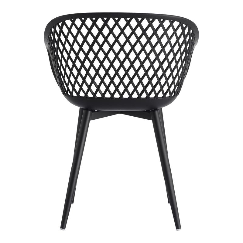 Black plastic outdoor stacking chair with curved lattice back and four tapered legs