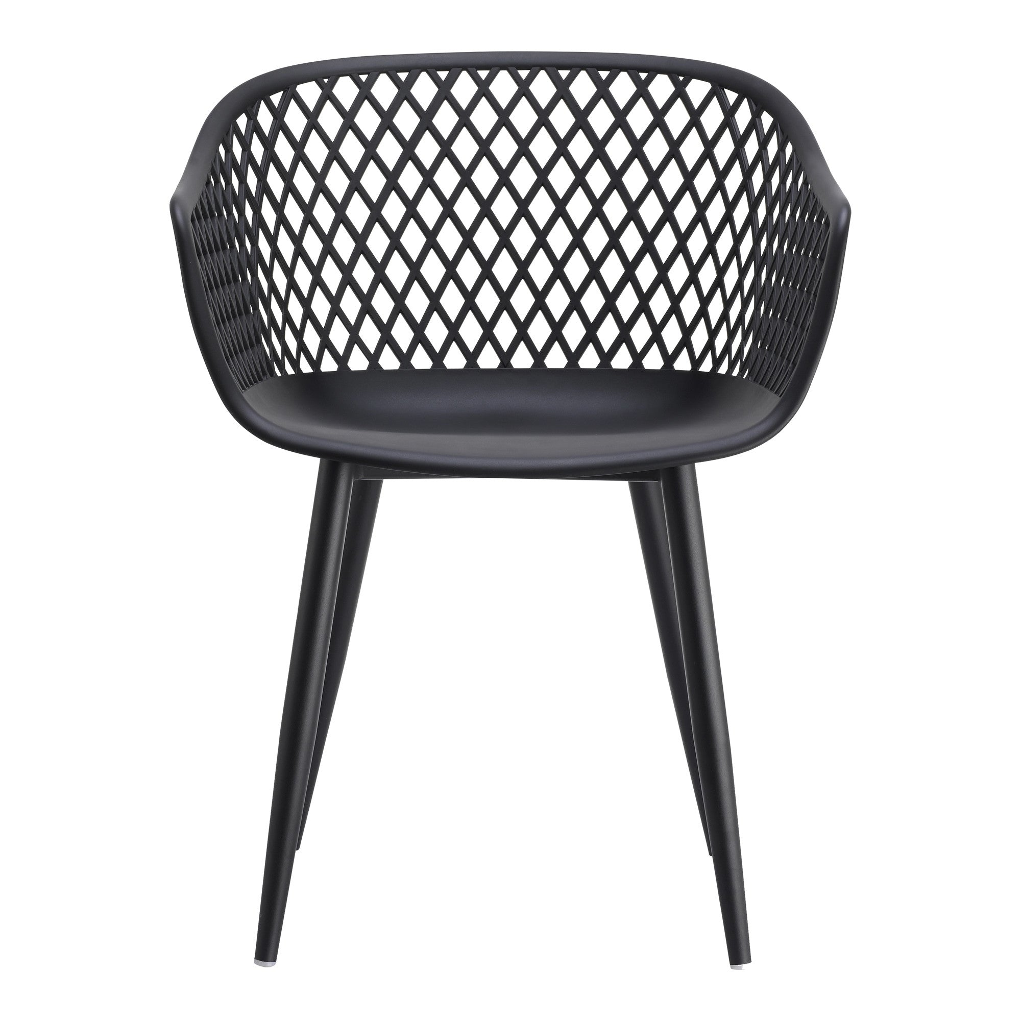 Black plastic outdoor stacking dining chair with curved seat and lattice back