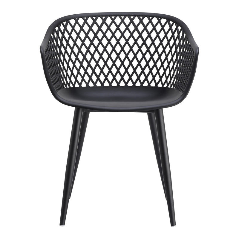 Black plastic outdoor stacking dining chair with curved seat and lattice back