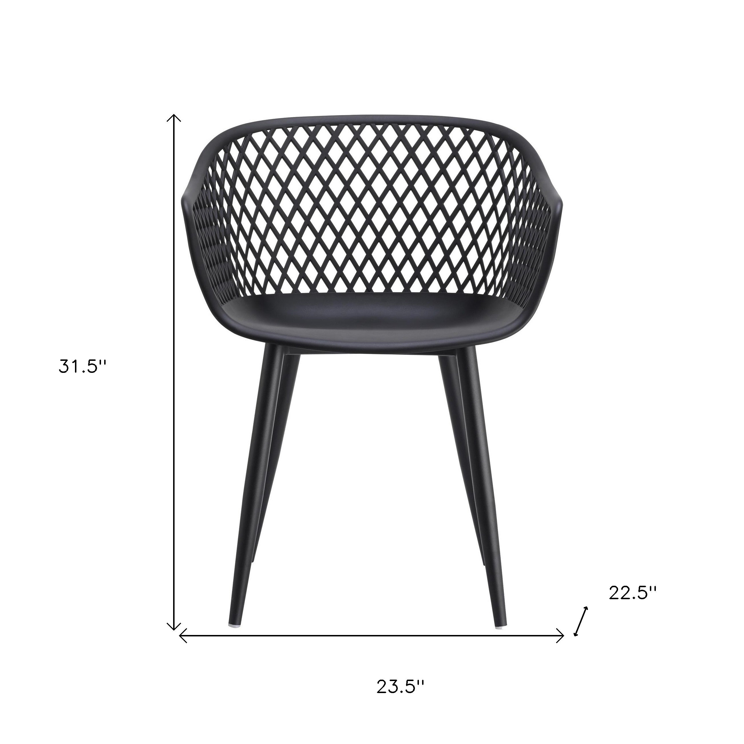 Black plastic outdoor stacking chair dimensions shown with lattice back and legs