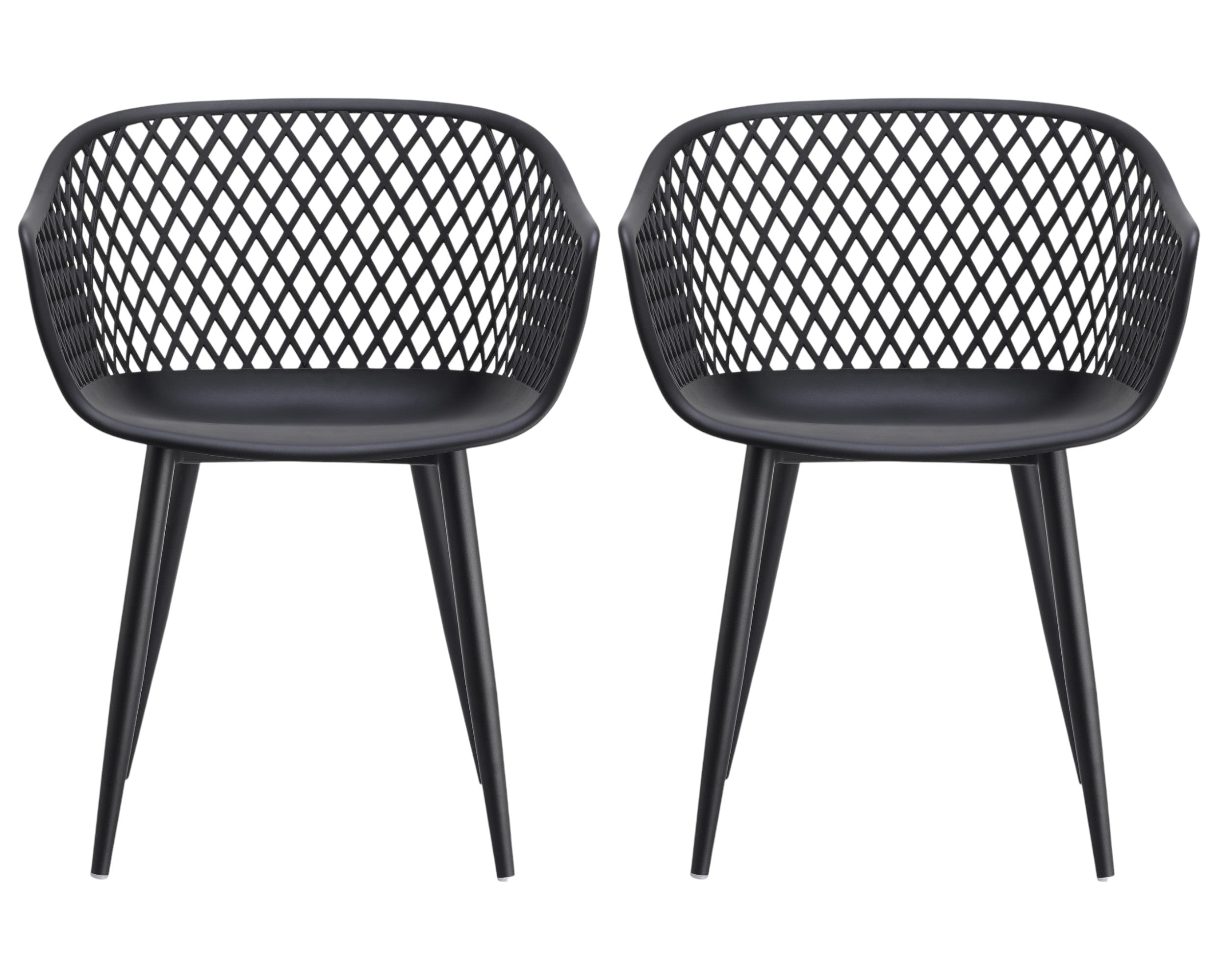 Two black plastic outdoor stacking chairs with matching lattice backs and curved seats