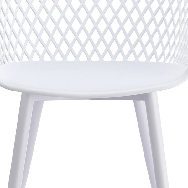 White plastic outdoor stacking dining chair, curved seat and four tapered legs