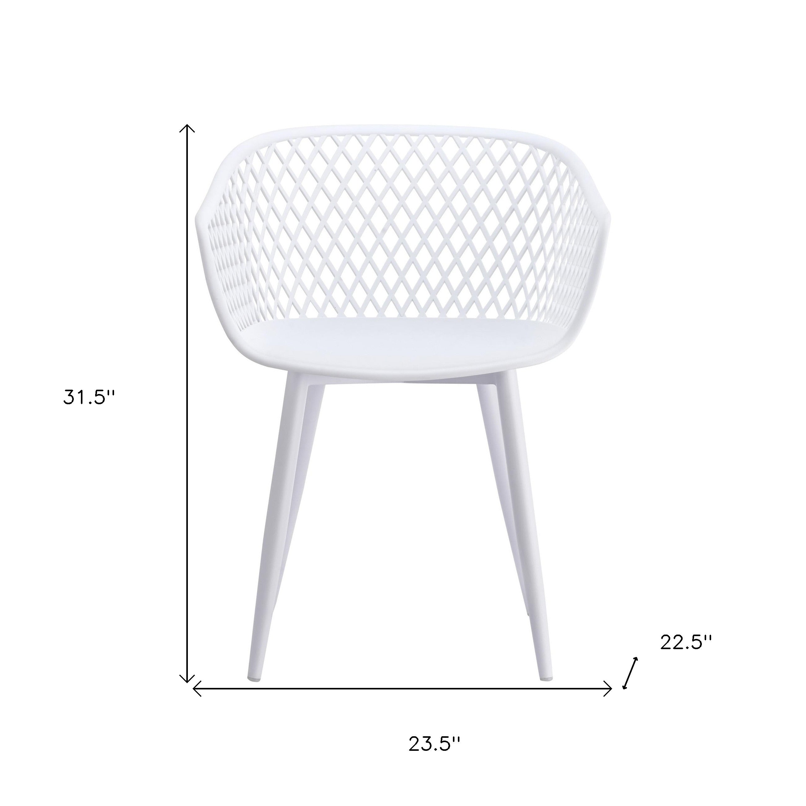 White plastic stacking dining chair with diamond lattice back and curved seat
