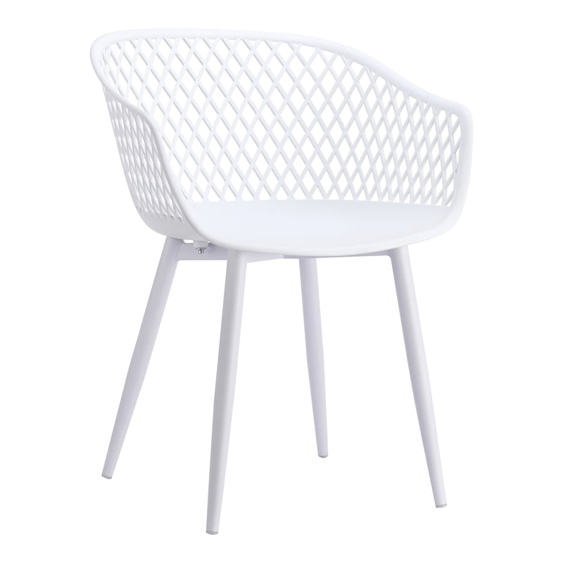 White plastic patio dining chair with lattice back, curved seat, and tapered legs