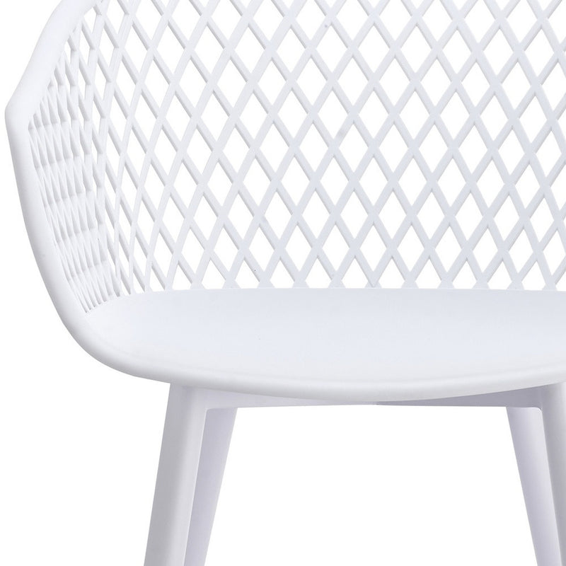 White plastic outdoor chair back with diamond lattice pattern and smooth curved seat