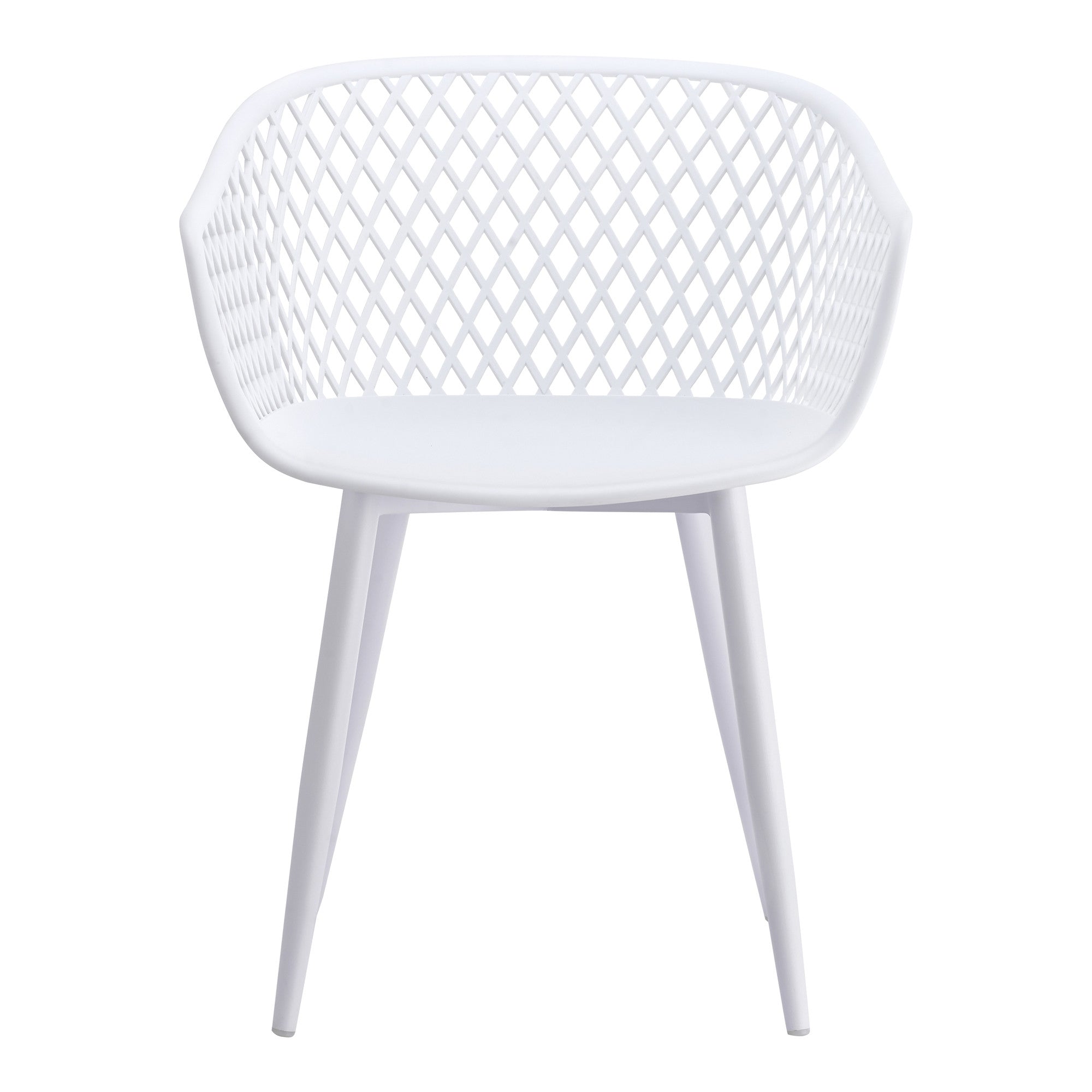 White plastic outdoor stacking dining chair with diamond lattice back and curved seat