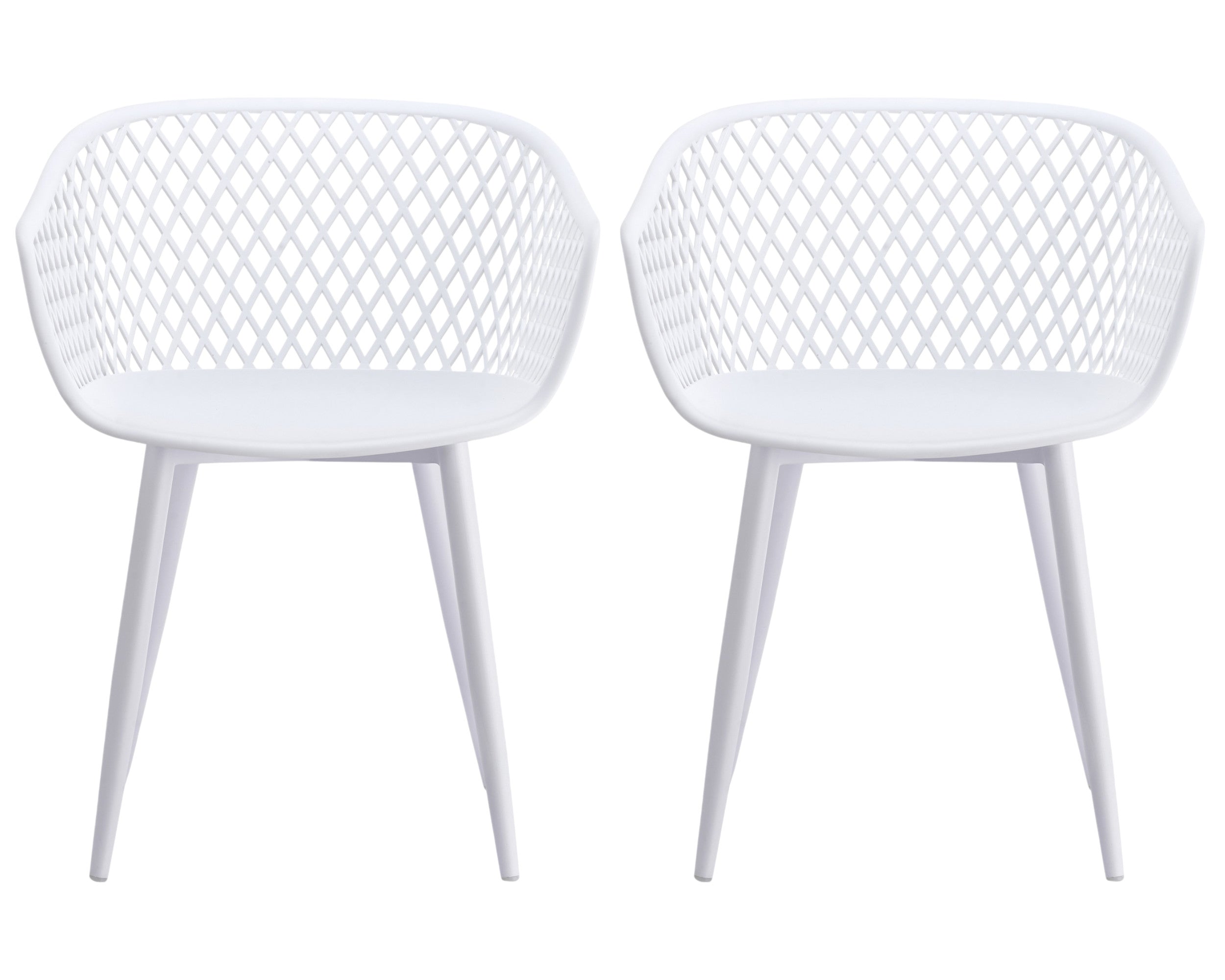 Pair of white plastic outdoor dining chairs with diamond lattice backs and curved seats