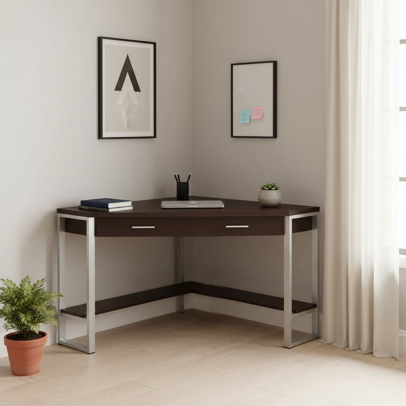 42" Dark Brown and Silver Corner Computer Desk - GreatEagleInc
