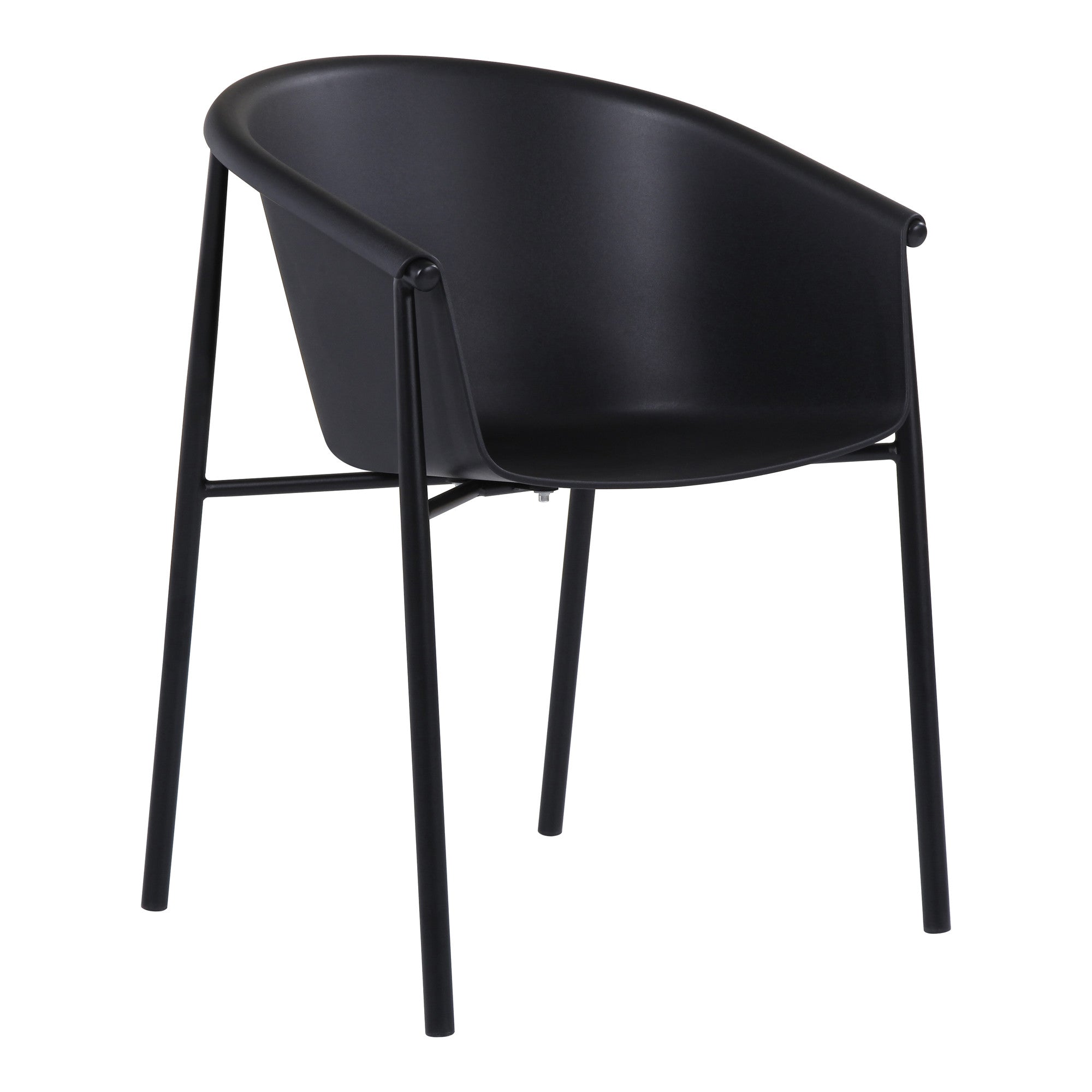 Pair of black plastic outdoor stacking dining chairs, curved armless shell and 4 legs